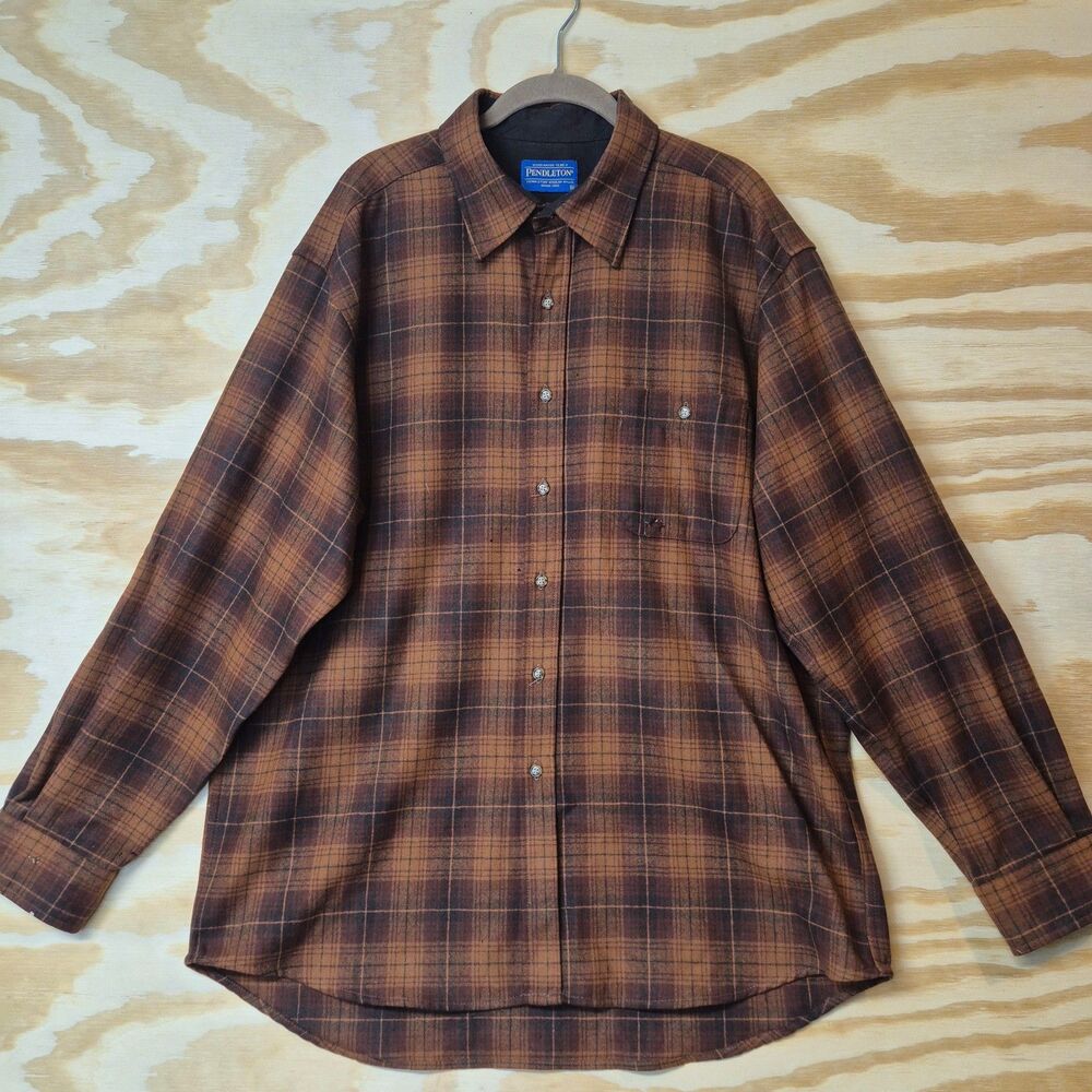 Pendleton Vintage Men's M 100% Wool Heavyweight Plaid Flannel Brown Workwear